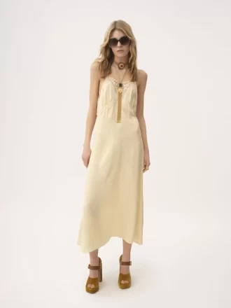 Robe midi à fines bretelles en jacquard de soie et dentelle