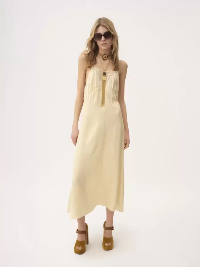Robe midi à fines bretelles en jacquard de soie et dentelle
