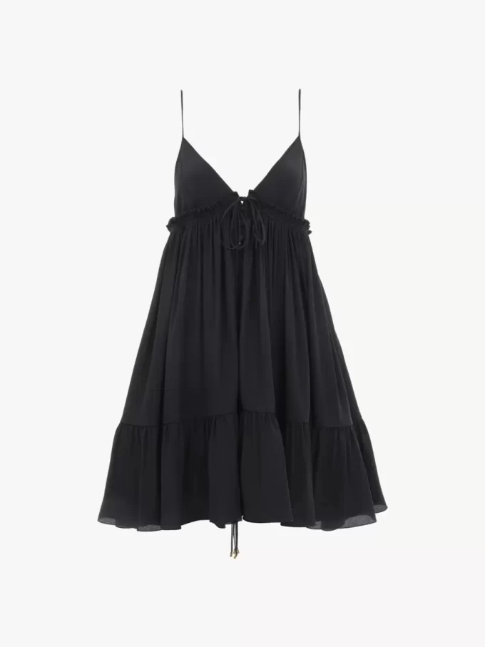 Robe mini froncée à fines bretelles en crêpe de Chine