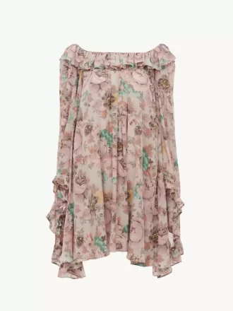 Robe mini à volants et col carré en crêpe de Chine