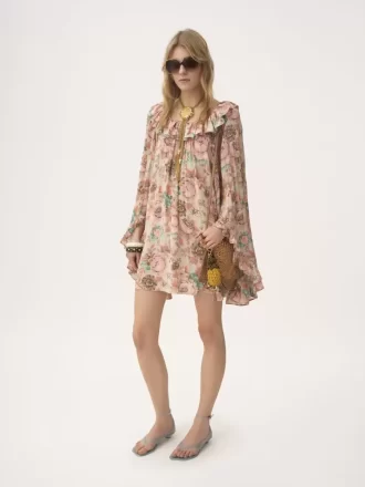 Robe mini à volants et col carré en crêpe de Chine