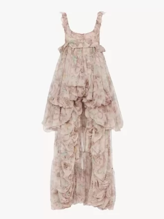 Robe à volants asymétrique en mousseline de soie