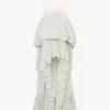 Robe à volants asymétrique en soie habotai et dentelle Robe à volants asymétrique en soie habotai et dentelle