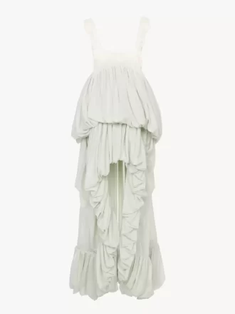 Robe à volants asymétrique en soie habotai et dentelle