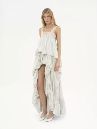Robe à volants asymétrique en soie habotai et dentelle