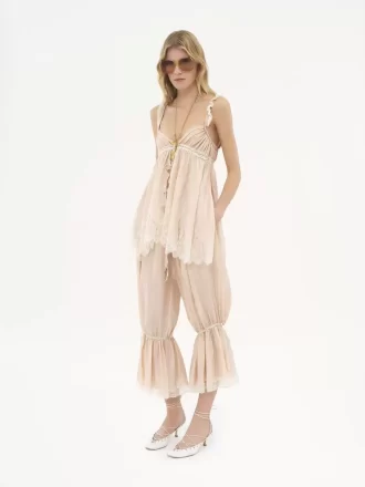 Pantalon court fluide en pongé de soie lavée et dentelle
