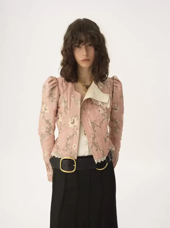 Veste ajustée en taffetas jacquard et dentelle