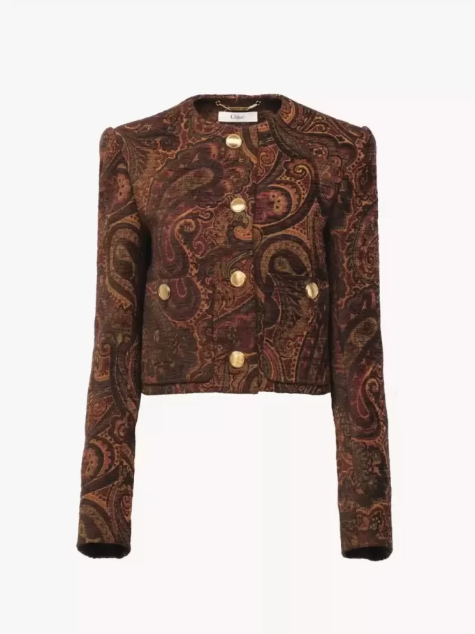 Veste carrée sans col en jacquard tapisserie Veste carrée sans col en jacquard tapisserie
