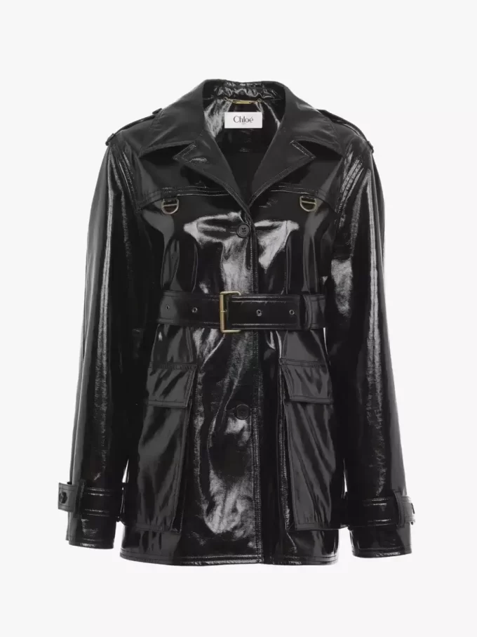 Veste ceinturée en coton enduit brillant