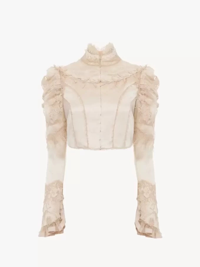 Veste courte ajustée en satin duchesse de soie et dentelle Veste courte ajustée en satin duchesse de soie et dentelle