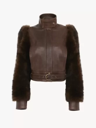 Veste courte à col montant en cuir