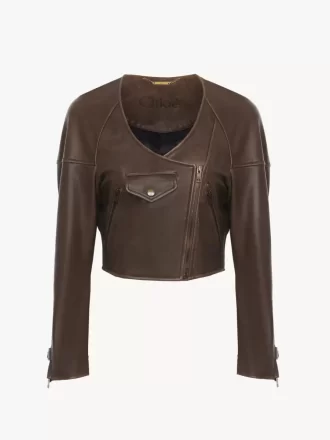 Veste courte à col rond en cuir