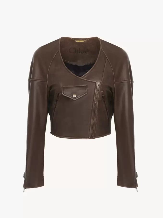 Veste courte à col rond en cuir Veste courte à col rond en cuir