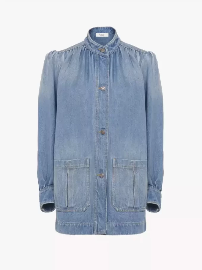 Veste froncée à col montant en denim Veste froncée à col montant en denim