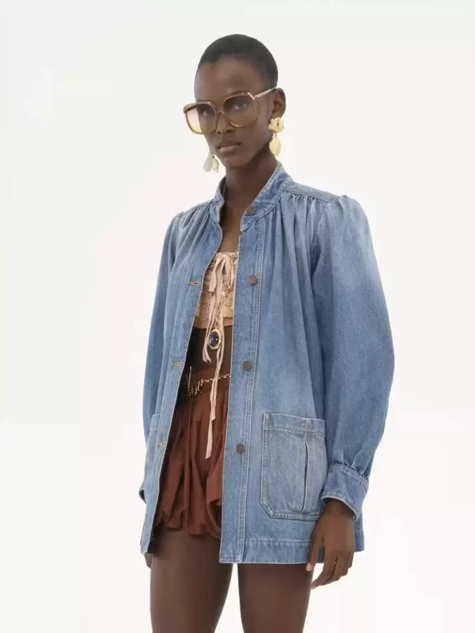 Veste froncée à col montant en denim Veste froncée à col montant en denim
