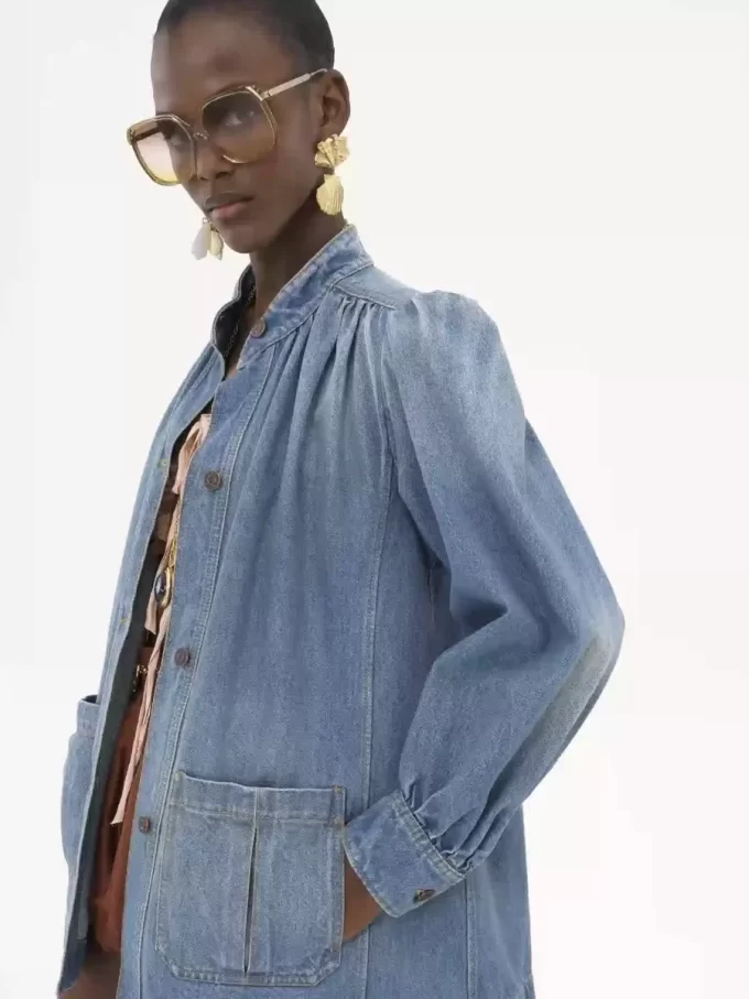Veste froncée à col montant en denim Veste froncée à col montant en denim