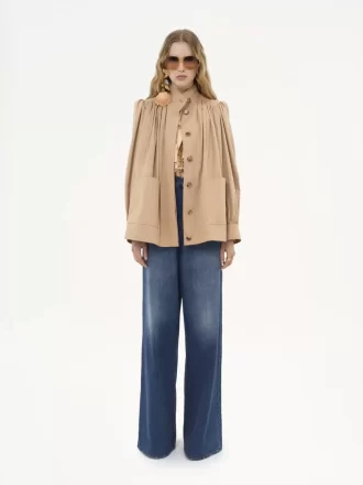 Veste froncée à col montant en gabardine de coton
