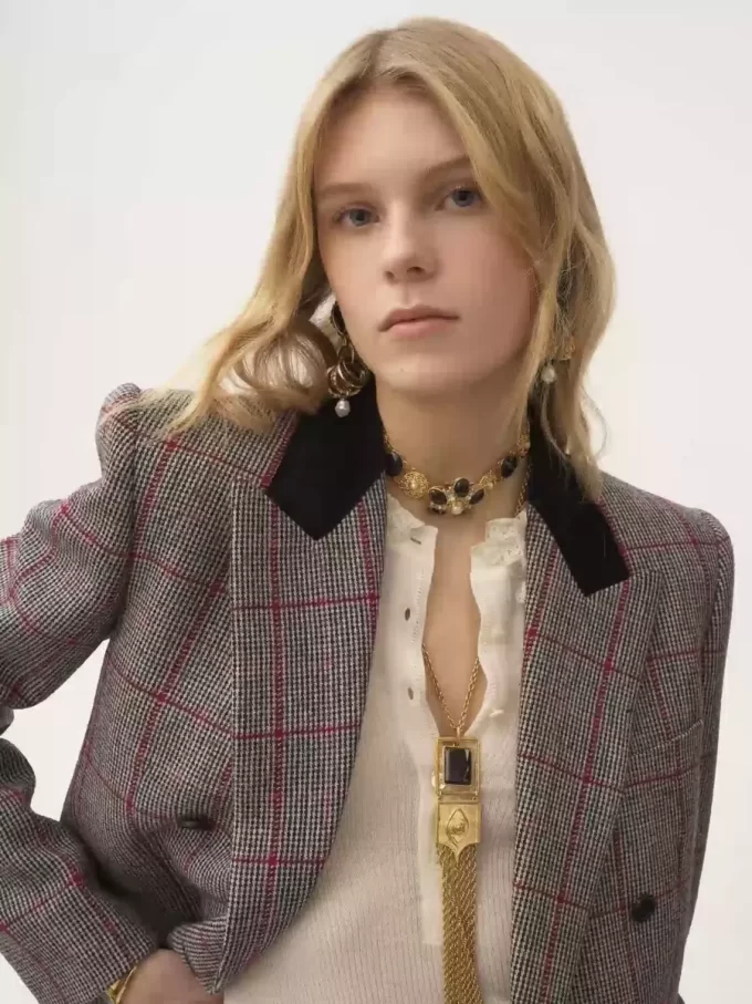 Veste tailleur croisée en laine à carreaux Veste tailleur croisée en laine à carreaux